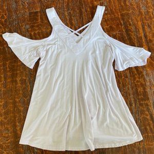 Palest LAVENDER (almost WHITE) COLD SHOULDER flowy TUNIC Stretch TOP * V-neck* S